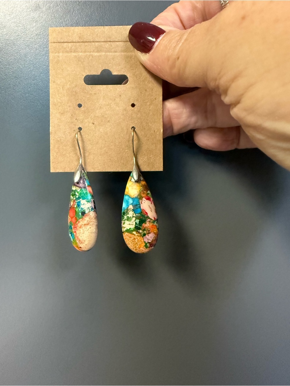Bohemian Teardrop Dangle Earrings Featuring Multi-color Sea Sediment Jasper